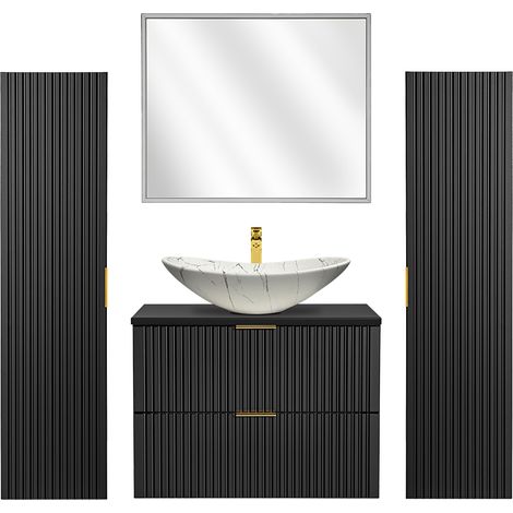 Badmöbel Komplett Set mit Keramik Waschbecken weiß marmoriert, LED-Spiegel, matt schwarz gerillt, ADELAIDE-56-BLACK, B/H/T ca. 180/200/46,5 cm (1/5)