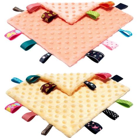 Couverture bébé en peluche apaisante avec étiquettes colorées, jouet sensoriel carré de 25 x 25 cm pour garçons et filles de 3 mois et plus (1/4)