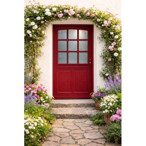 Puerta de entrada de madera con vidrio Alize Rojo PÃºrpura, H.215xL.90 cm, izquierda, marco de tabla, manilla de cilindro, GD MENUISERIES (1/5)