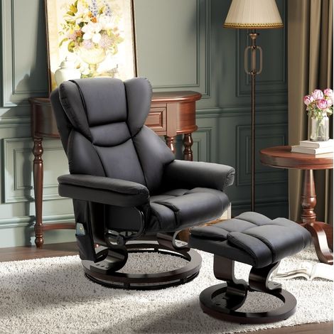 Fauteuil relax massant noir 79x82x101 cm avec repose-pieds, inclinable 145° en simili cuir MEUBLIV (1/5)