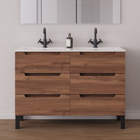 Meuble de salle de bain 120cm double vasque - 6 tiroirs - sans miroir - noyer (bois foncé) - RIZA (1/5)