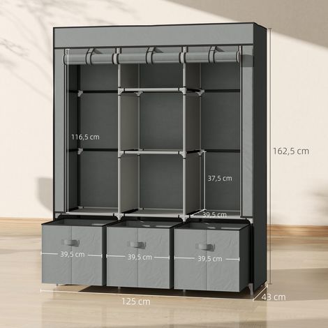 Armario de tela no tejida, plegable, con 3 cajones, 125 cm x 43 cm x 162,5 cm, gris claro.