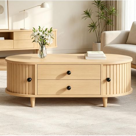 Mesa de centro 100 x 50 x 36 cm con puertas correderas y 2 cajones, madera clara DESVIAE (1/5)