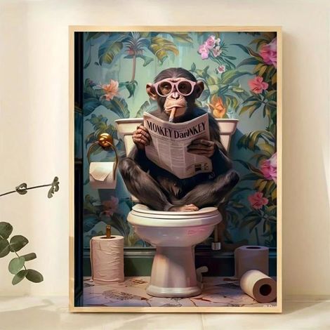 Peinture Sur Toile Poster Un Singe Humoristique Sur Les Toilettes, Lisant Un Journal, Affiche Murale Décoration, 50X70Cm Sans Cadre