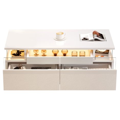 Table basse avec plateau, table de salon haute brillance, table d'appoint pour canapé avec 2 tiroirs, table d'appoint en verre trempé, table basse avec éclairage LED – Blanc