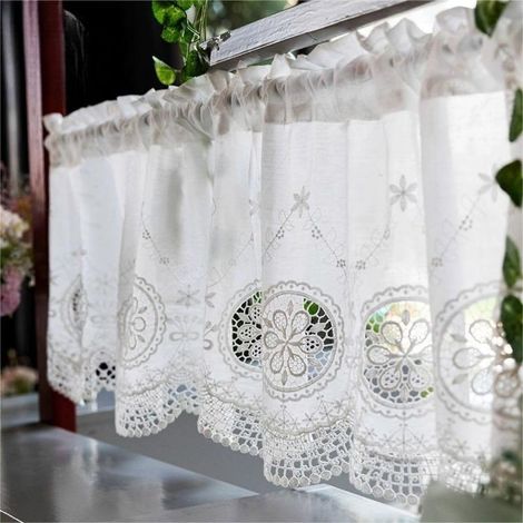 Rideau brise-bise avec broderie en coton fleurs et bord dentelle style maison de campagne avec tringle 1 pièce Blanc HxL 40 x 150 cm (1/5)