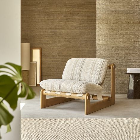 Fauteuil XL en bois de chêne massif et tissu beige (1/5)