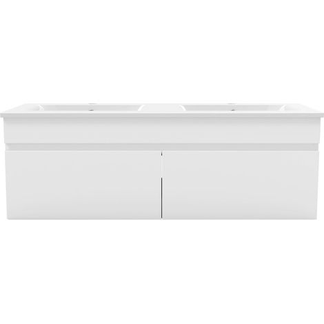 Aica Ensemble meuble Salle de Bain suspendu Blanc avec 2 portes + double vasque en céramique, L x W x H:120x45x40cm (1/5)