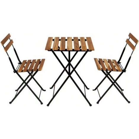 Ensemble de jardin en teck massif, table et 2 chaises pliantes, structure en acier laqué, coussins bleu marine imperméables, mobilier d'extérieur résistant aux intempéries. (1/4)