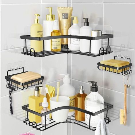 Mensola angolare per doccia, non richiede foratura, set da 4 pezzi, contenitore in acciaio inox, nero, accessorio per il bagno, organizer per la doccia (1/2)