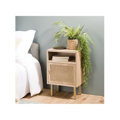Macabane – Table de chevet en MDF plaqué frêne – 1 niche 1 porte en toile de jute – Pieds en métal doré – Dimensions 40 x 30 x 59,5 cm (1/6)