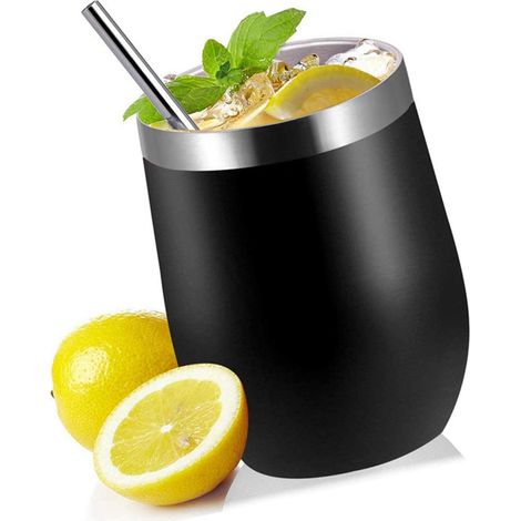 Ensemble de tasses à vin isothermes en acier inoxydable 304 de 35 cl (12 oz) avec paille, couvercle et brosse, couleur noire. (1/5)