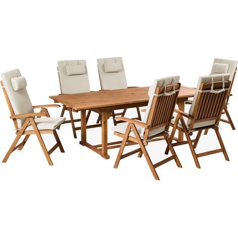 Set da pranzo da giardino a 6 posti in legno di acacia e sedie pieghevoli con cuscini tortora Java Premium