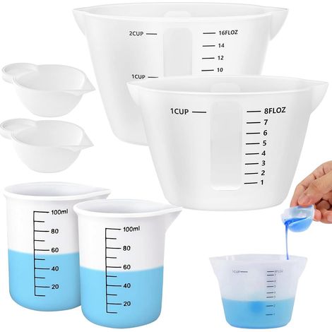 Lot de 6 gobelets doseurs en silicone - 500 ml/250 ml/100 ml/100 ml - Pichets réutilisables avec graduation - Gobelets mélangeurs en résine époxy pour bricolage, bricolage, laboratoire, cuisine