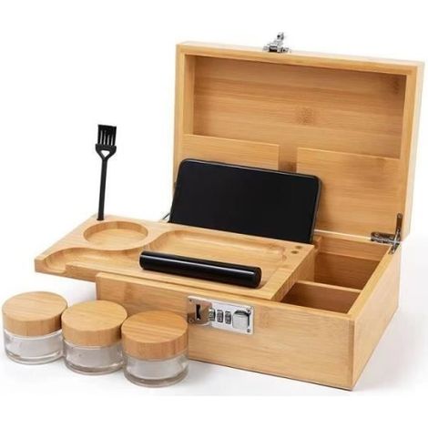 1 boîte de rangement, bois massif, serrure à combinaison, plateau mobile, marron, bureau ou chambre