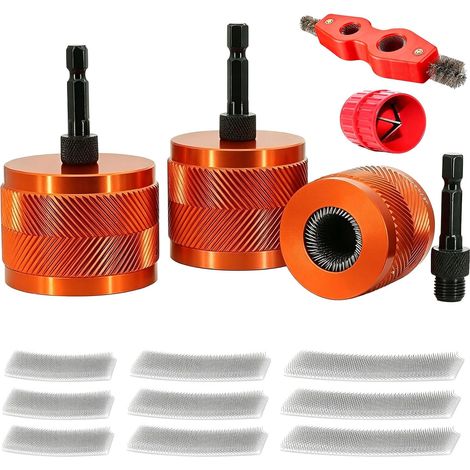 Copper Pipe Cleaning Kit, 3 Sizes (1/2", 3/4", 1") with Replacement Brushes, 1/4" Hex Shank Drill Driver Deburring Interior and Exterior (1/5)