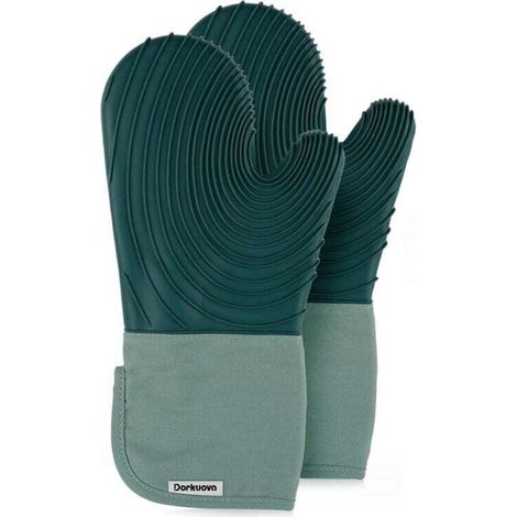 Ensemble De Gants De Cuisine En Silicone Avec Doublure Coton Sans BPA Longs Pour Four Et Grill 2 Pièces Vert (1/4)