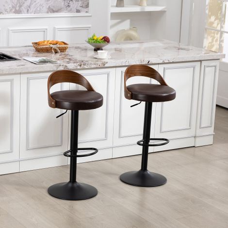 Tabourets de bar réglables en hauteur (lot de 2) avec rotation à 360°, dossiers en noyer noir et assises en similicuir (PU). Conviennent aux cuisines, espaces repas, bars et lieux similaires (Similicu (1/5)
