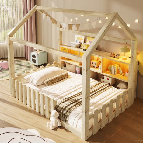 Modernluxe - Lit cabane enfant 90x190 cm - avec barrières de sécurité - avec LED - compartiments de rangement ouverts - naturel (sans matelas) (1/5)