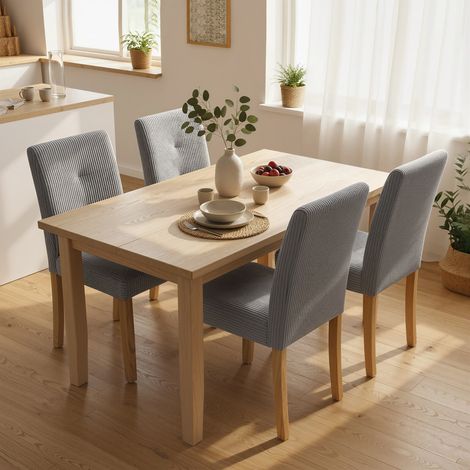 Pack de 4 Sillas de Comedor Respaldo Alto Tapizadas en Pana Asiento Acolchado Patas de Madera para Salón Gris