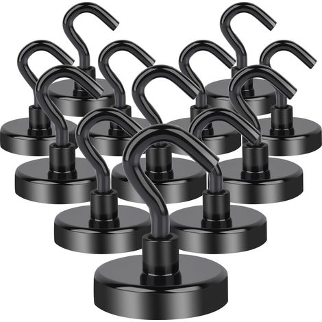 Lot de 12 crochets magnétiques extra puissants en néodym 32 mm, avec crochets, sans perforation, pour portes en fer, crochets magnétiques pour cuisine, camping, casiers, bureau (1/5)