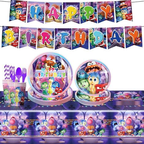 Décor De Fête Inside Out - Assiettes Couverts Serviettes Nappe Bannière - Kit Complet Pour Anniversaire Thème Inside Out - 10 Pièces (1/4)