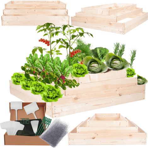 MODO24 ZP09 Carré potager surélevé en escalier modulable, bois de pin, herbes/légumes, jardin/terrasse/balcon, 36x117x100 cm, naturel