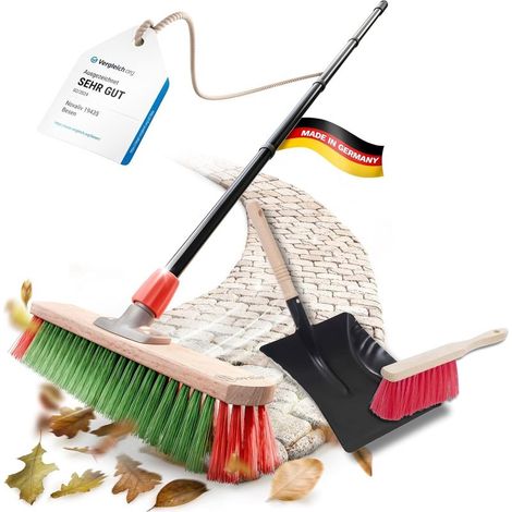 Balai de jardin avec manche 40 cm Poils en élastomère, y compris ensemble de balayage galvanisé avec lèvre en caoutchouc composé d'une pelle