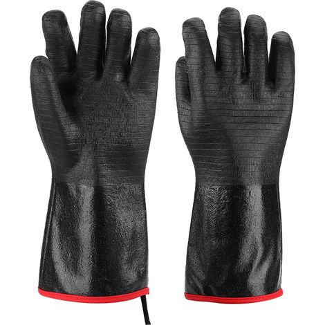 Paire de gants de barbecue en néoprène épais noir, résistants aux hautes températures et à la chaleur, 35,5 cm (14 pouces), isolants thermiques. (1/5)