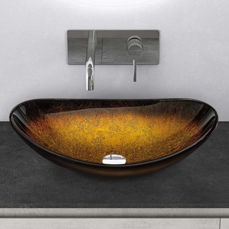 Mai & Mai Lavabo à Poser en Verre Lave-Mains Vasque Ovale à Poser Lavabo Doré pour Salle de Bain WC d'Invités 53,5x35,5x16 cm Min08 (1/5)