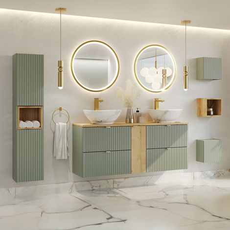 Conjunto mueble lavabo doble 140cm 4 cajones espejos LED columna y 3 armarios de pared Jade Verde y Madera (1/4)
