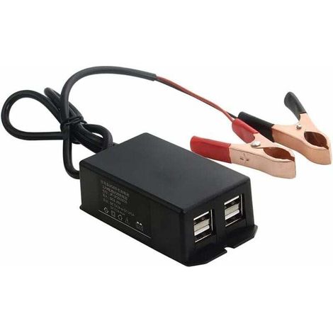 1 Adaptateur de chargeur USB, 4 ports, entrée DC 8-30V, sortie 5V, avec pinces crocodile, pour moto et véhicule (1/5)