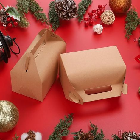 Pack of 30 Kraft Cardboard Gift Boxes for Parties, Cardboard Cake Boxes 16.3 x 9.5 x 8 cm with Handle and Foldable, Packaging for Birthdays, Weddings, Christmas, Party