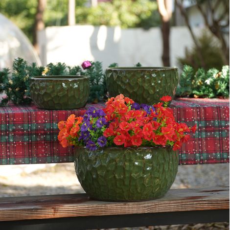Set di 3 vasi in ceramica smaltata con drenaggio Ø 38,1/30,5/25,4 cm verde (1/5)