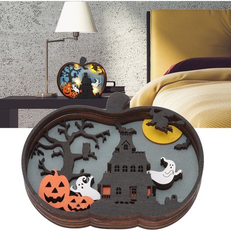 Décoration d'Halloween : Petite citrouille lumineuse en bois, adorable ornement de bureau pour la maison (1/5)