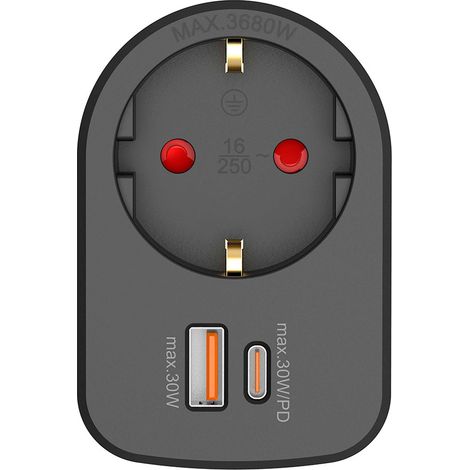 Adapter Combi 30 W USB A + C + 1 Schuko-Steckdose, 16 A 250 V, Schwarz