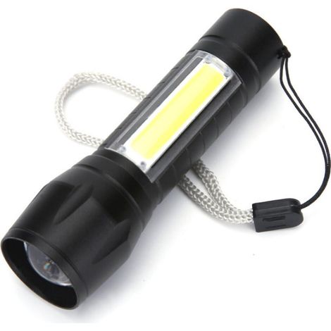 Lampe torche rechargeable LED 1W avec fonction zoom et lanterne latérale, Noir