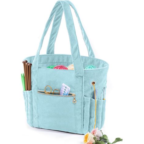 Tas Pour Tricot Et Crochet - Sac De Rangement En Cordura Avec 4 Ouvertures Pour Fils - Organiseur Portable Avec Poignée Et Fermeture Éclair - Bleu