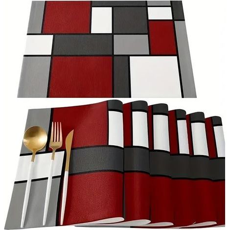 BelleRise - Set mit 6 luxuriösen Platzsets — Hitzebeständiges, strapazierfähiges, leuchtend rotes abstraktes geometrisches Muster. (1/5)