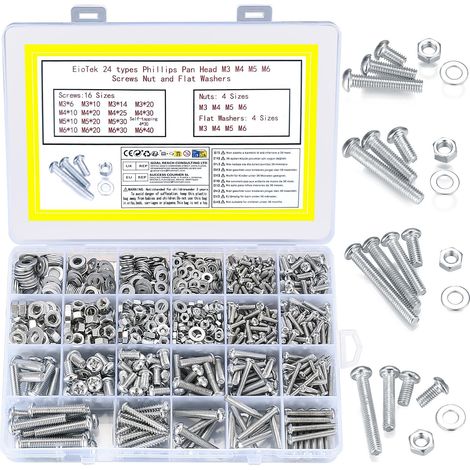 1080 Pièces Set Vis écrous Rondelles, M3 M4 M5 M6 Vis Boulons Plate Autotaraudeuses Kit Assortiment pour Fixation Bricolage (1/5)
