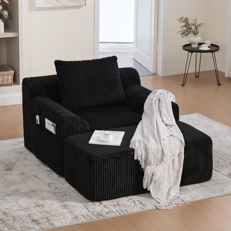 Divano relax con poggiapiedi, poltrona imbottita con tasche laterali e cuscini, imbottitura in schiuma - velluto a coste, nero