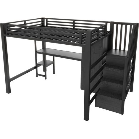 Letto a soppalco in metallo 140x200 nero con scrivania, scaffale, armadio e scala HOMVRA (1/5)