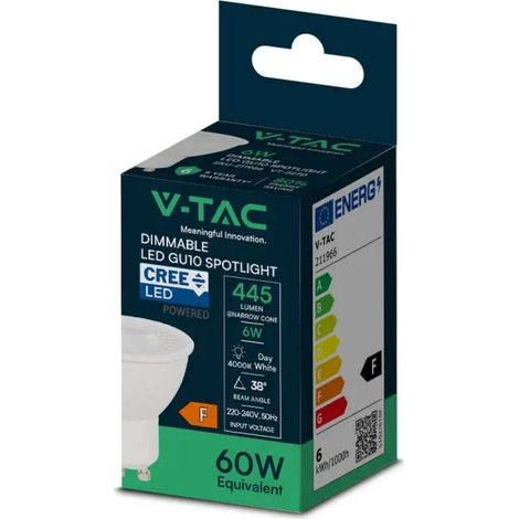 Foco LED V-TAC con chip CREE GU10 de 6 W, 38°, 4000 K, regulable (1/2)
