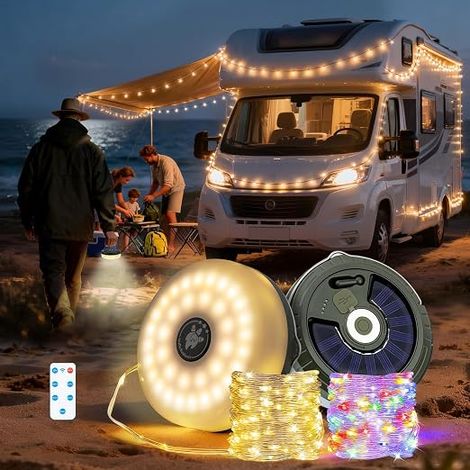 10 m Solar String Lights with Remote Control, 5 Light Modes, USB/Solar Charging, IP44 Waterproof for Outdoor Activities, Camping, Festival Decoration, Warm White (1/5)
