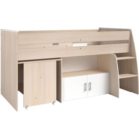 Lit 90x200 combiné avec bureau aspect bois et façades blanches sérigraphiées - CHARLINE (1/5)