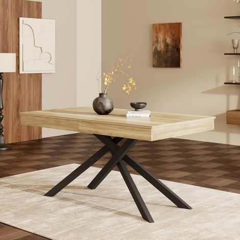Table à manger extensible 140-180 x 80 cm chêne, piétement métal, 6-8 personnes, style contemporain (1/5)