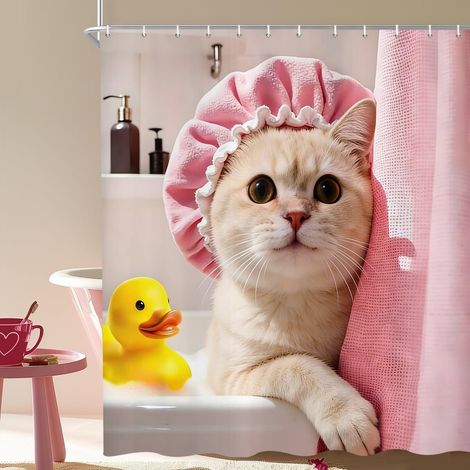 Rideau de Douche Drôle de Chat 180x200 cm, Mignon Chaton dans la Baignoire Canard Rose Enfants Animal Imperméable Bain Rideau Textile Lavable Rideaux Douche pour Baignoire avec 12 Crochets (1/5)
