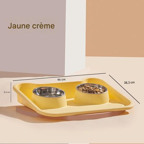 Gamelle double en acier inoxydable pour chat - Anti-débordement, repose-cou, convient aux chats et chiens domestiques - Jaune crème