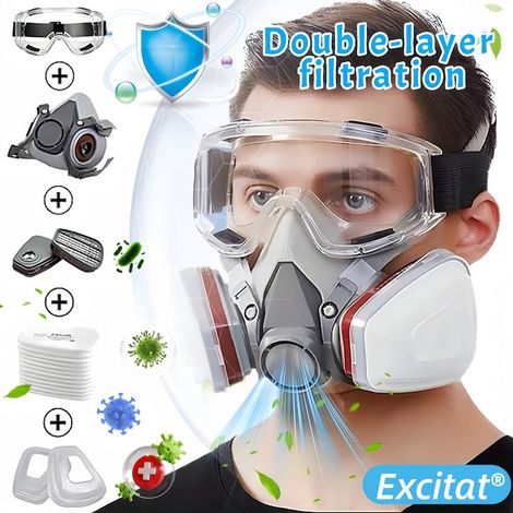 Ensemble lunettes et masque de protection réutilisables et ajustables. Comprend 2 filtres anti-particules de gaz, fumées de peinture et vapeurs nocives, 10 filtres en coton ajustables pour la protecti (1/5)