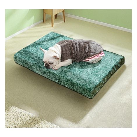 Tapis Chien Mémoire de Forme 82x56x10 cm Chenille Verte – Matelas / Coussin Orthopédique Housse Amovible Lavable Zip Caché Fond Antidérapant Étanche – Lit Plat Chat Moyen Chien Corgi Bouledogue 4 Sais (1/3)